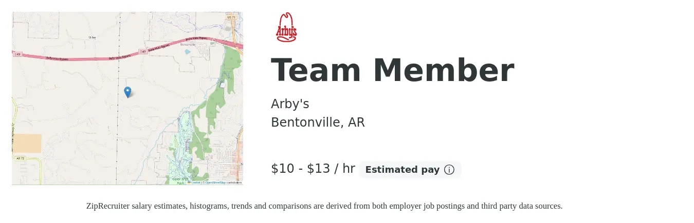 Arby's job posting for a Team Member in Bentonville, AR with a salary of $10 to $14 Hourly with a map of Bentonville location.