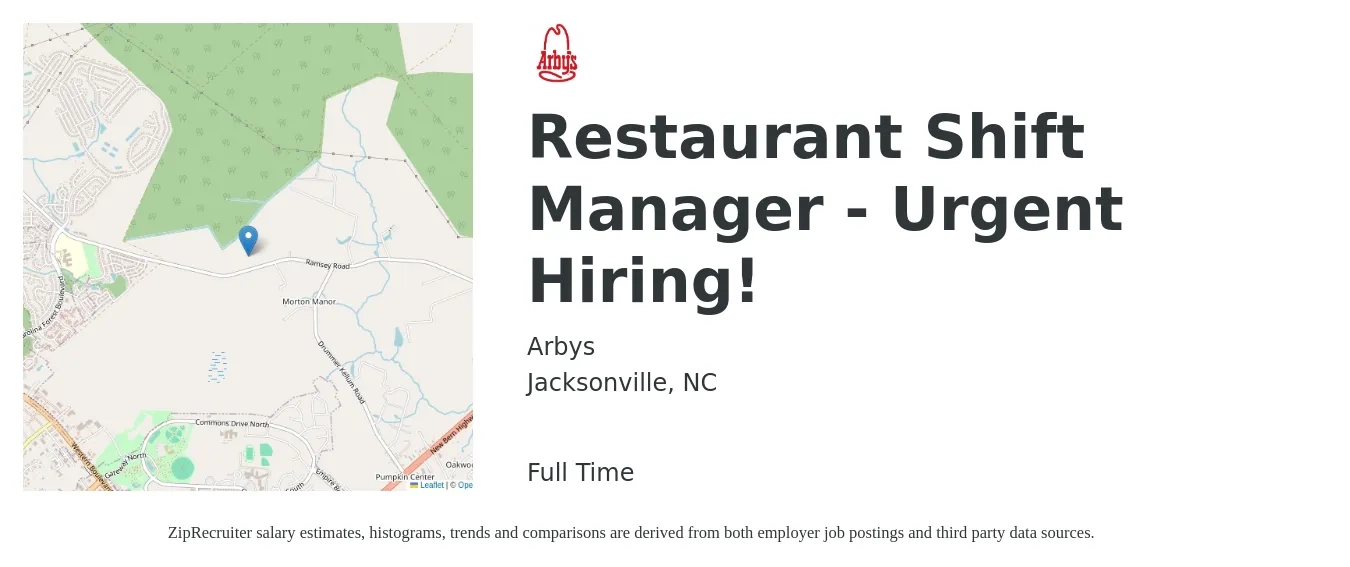 Arbys job posting for a Restaurant Shift Manager - Urgent Hiring! in Jacksonville, NC with a salary of $12 to $15 Hourly with a map of Jacksonville location.
