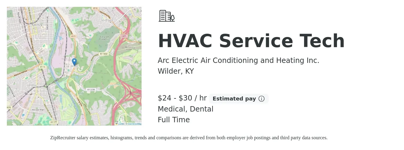 Arc Electric Air Conditioning and Heating Inc. job posting for a HVAC Service Tech in Wilder, KY with a salary of $25 to $32 Hourly and benefits including life_insurance, medical, retirement, and dental with a map of Wilder location.