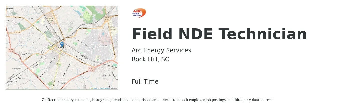 Arc Energy Services job posting for a Field NDE Technician in Rock Hill, SC with a salary of $17 to $24 Hourly with a map of Rock Hill location.