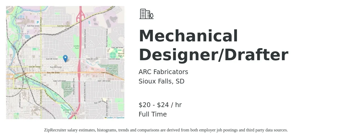 ARC Fabricators job posting for a Mechanical Designer/Drafter in Sioux Falls, SD with a salary of $22 to $25 Hourly with a map of Sioux Falls location.