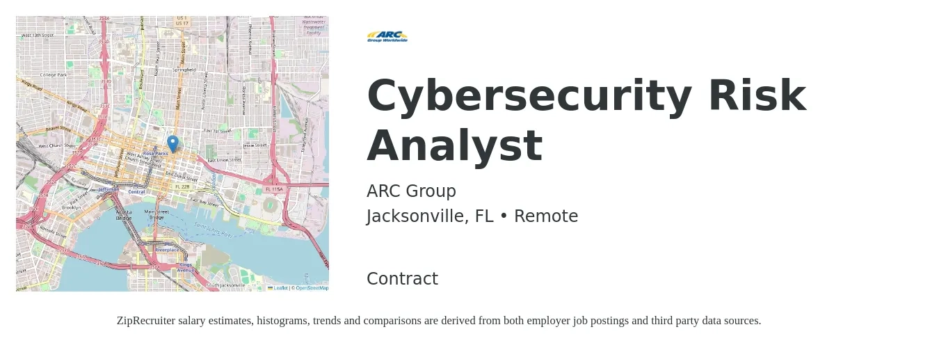 ARC Group job posting for a Cybersecurity Risk Analyst in Jacksonville, FL with a salary of $73,700 to $107,000 Yearly with a map of Jacksonville location.