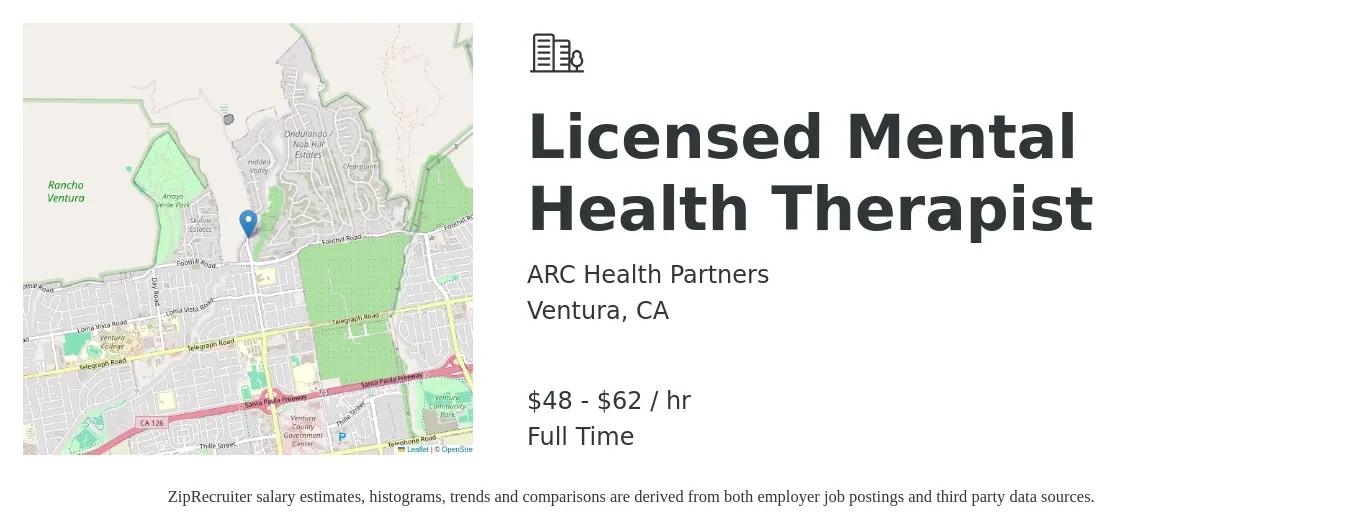 ARC Health Partners job posting for a Licensed Mental Health Therapist in Ventura, CA with a salary of $50 to $65 Hourly with a map of Ventura location.