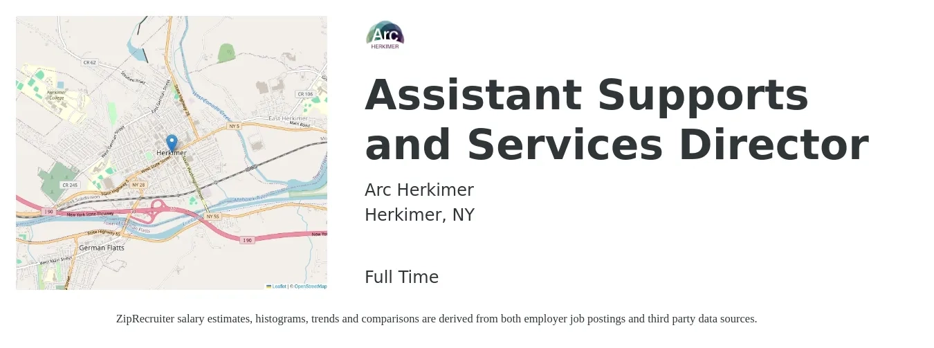Arc Herkimer job posting for a Assistant Supports and Services Director in Herkimer, NY with a salary of $22 Daily with a map of Herkimer location.