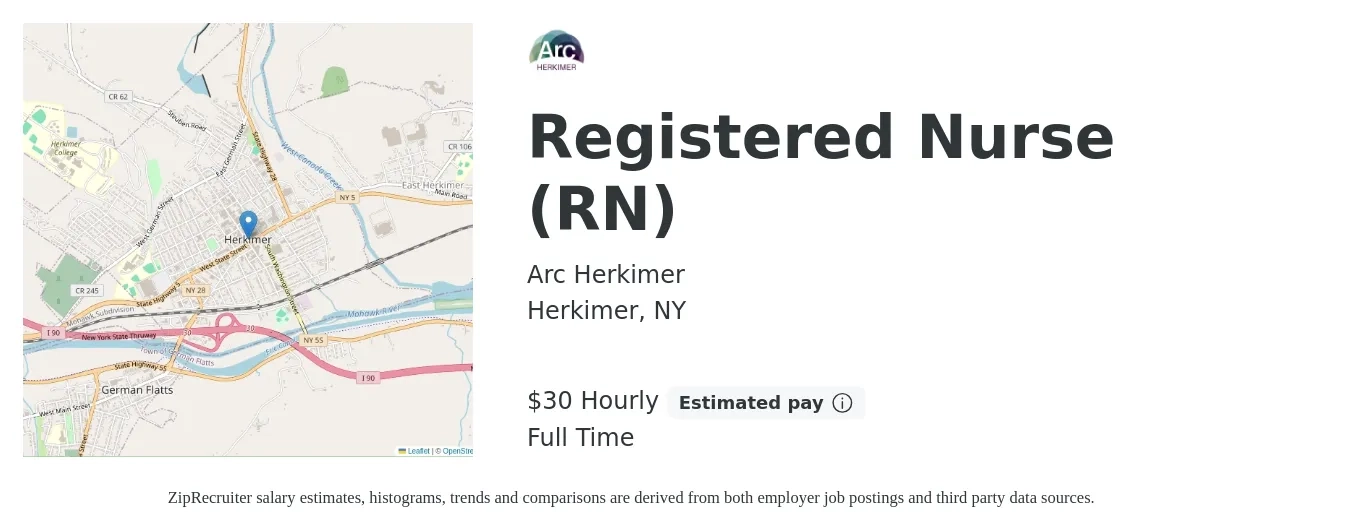 Arc Herkimer job posting for a Registered Nurse (RN) in Herkimer, NY with a salary of $29 to $46 Hourly with a map of Herkimer location.