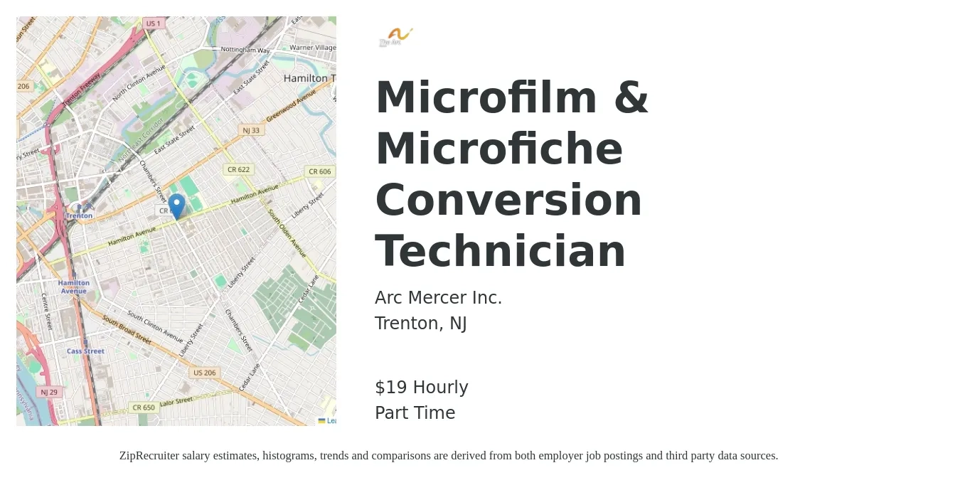 Arc Mercer Inc. job posting for a Microfilm & Microfiche Conversion Technician in Trenton, NJ with a salary of $20 Hourly with a map of Trenton location.