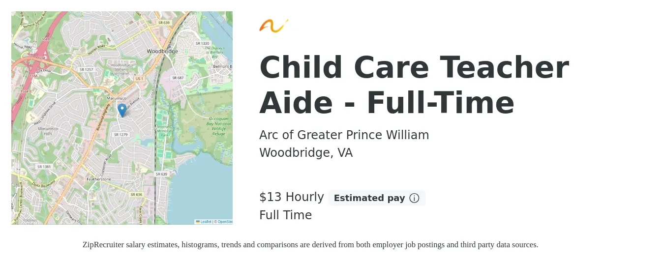 Arc of Greater Prince William job posting for a Child Care Teacher Aide - Full-Time in Woodbridge, VA with a salary of $14 Hourly with a map of Woodbridge location.