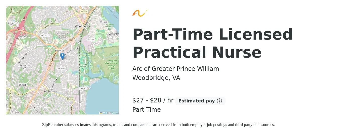 Arc of Greater Prince William job posting for a Part-Time Licensed Practical Nurse in Woodbridge, VA with a salary of $28 to $30 Hourly with a map of Woodbridge location.
