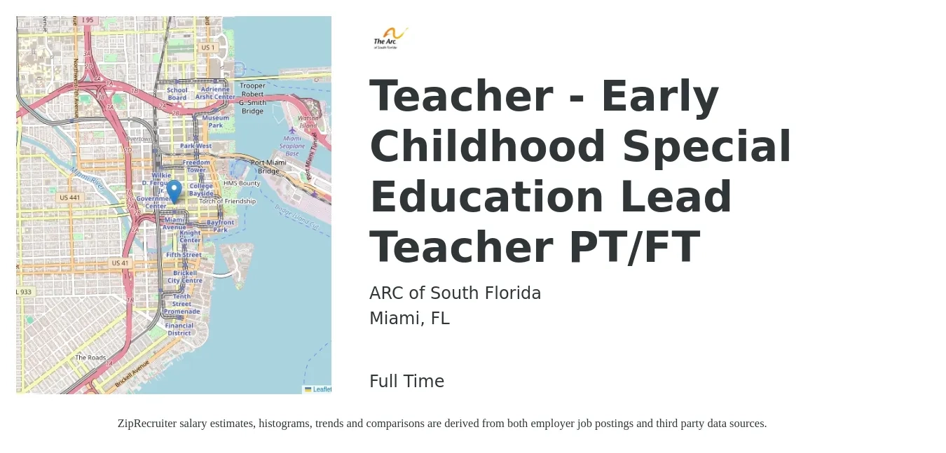 ARC of South Florida job posting for a Teacher - Early Childhood Special Education Lead Teacher PT/FT in Miami, FL with a salary of $36,400 to $57,300 Yearly with a map of Miami location.