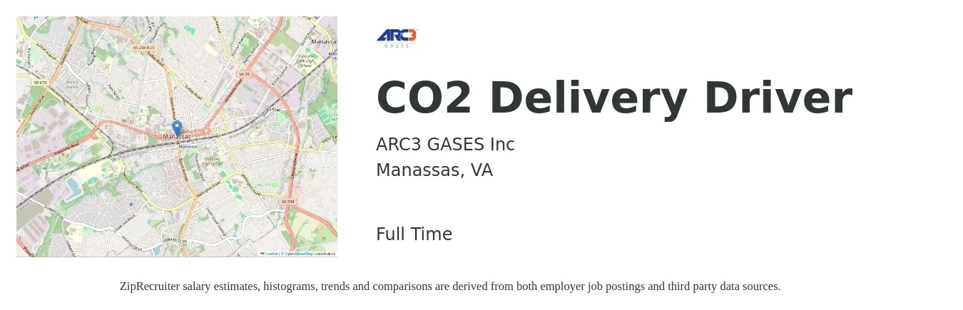 ARC3 GASES Inc job posting for a CO2 Delivery Driver in Manassas, VA with a salary of $16 to $20 Hourly with a map of Manassas location.
