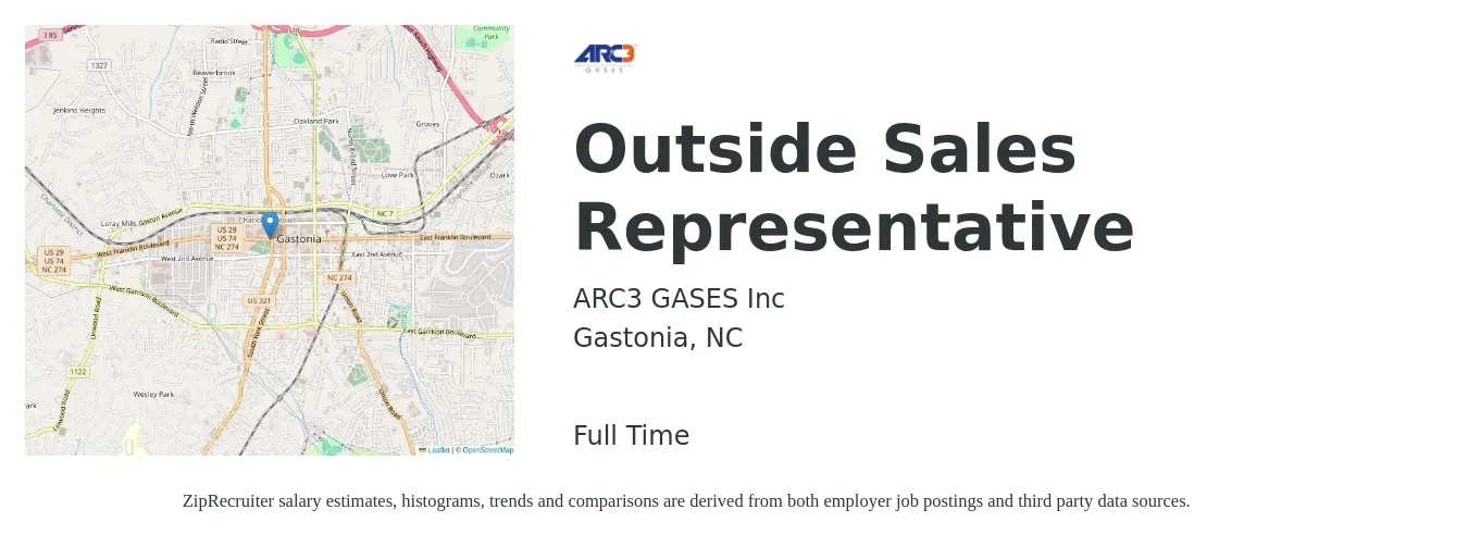 ARC3 GASES Inc job posting for a Outside Sales Representative in Gastonia, NC with a salary of $48,000 to $82,200 Yearly with a map of Gastonia location.