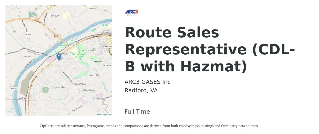 ARC3 GASES Inc job posting for a Route Sales Representative (CDL-B with Hazmat) in Radford, VA with a salary of $42,300 to $54,100 Yearly with a map of Radford location.