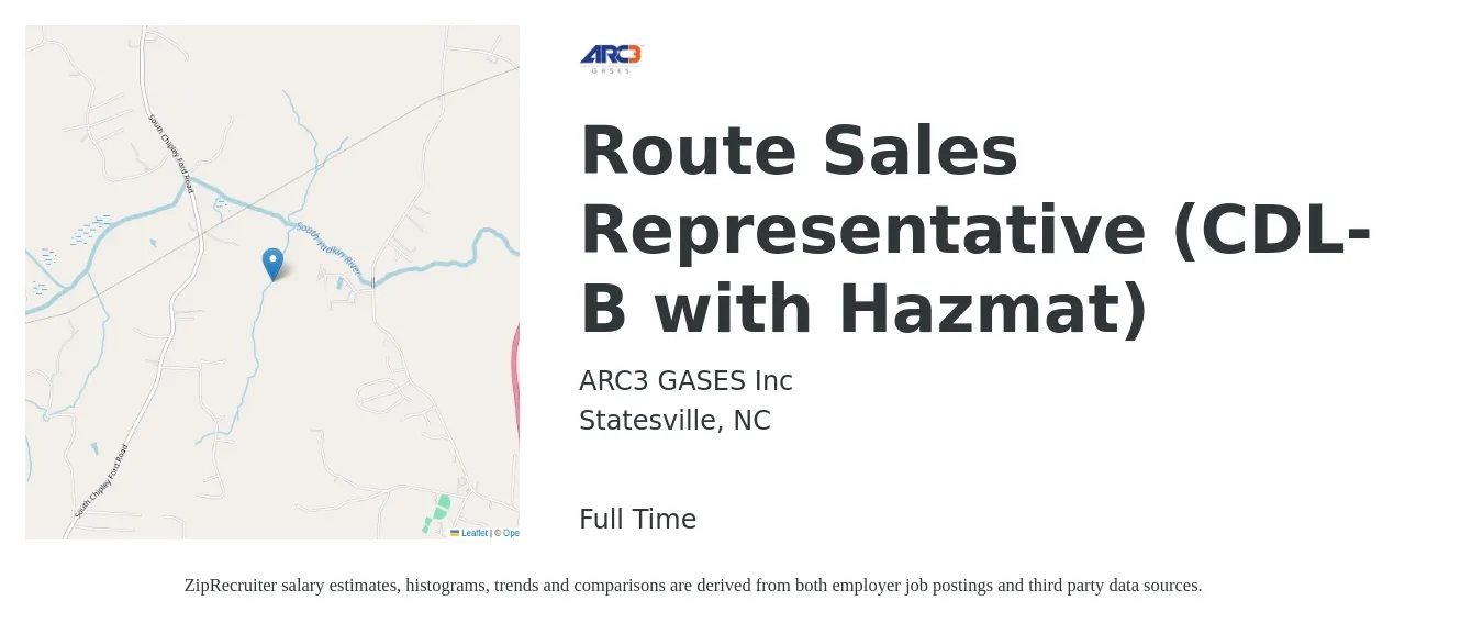 ARC3 GASES Inc job posting for a Route Sales Representative (CDL-B with Hazmat) in Statesville, NC with a salary of $42,000 to $53,700 Yearly with a map of Statesville location.