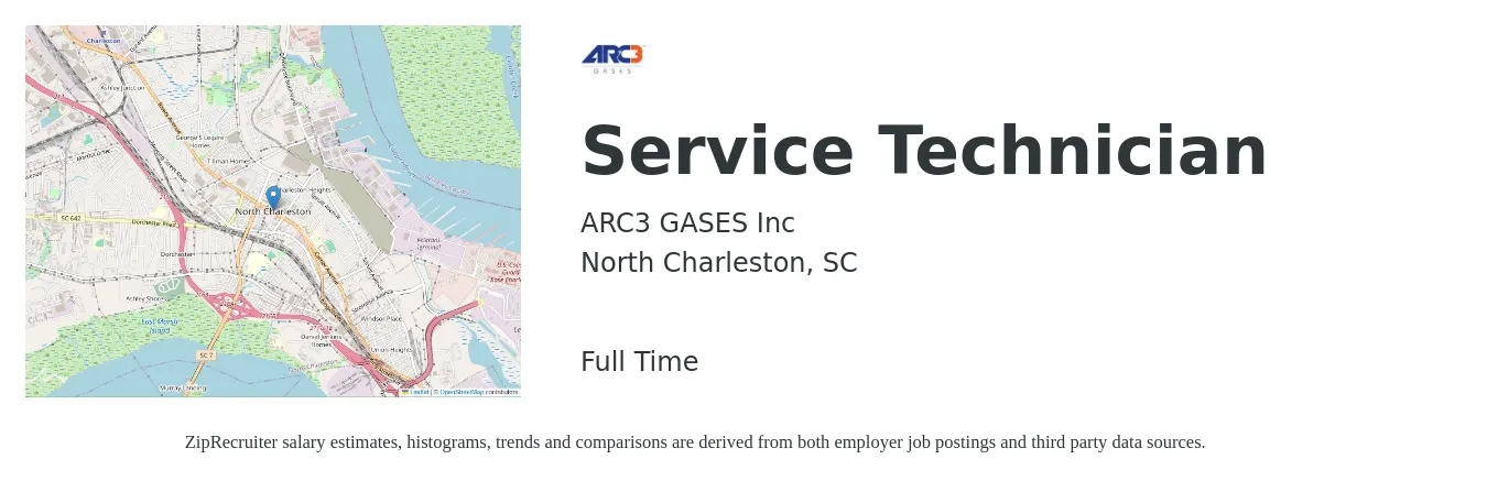 ARC3 GASES Inc job posting for a Service Technician in North Charleston, SC with a salary of $19 to $26 Hourly with a map of North Charleston location.