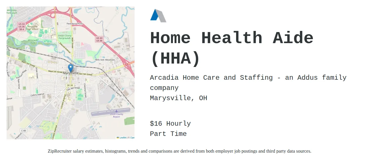 Addus HomeCare job posting for a Home Health Aide (HHA) in Marysville, OH with a salary of $13 to $17 Hourly with a map of Marysville location.