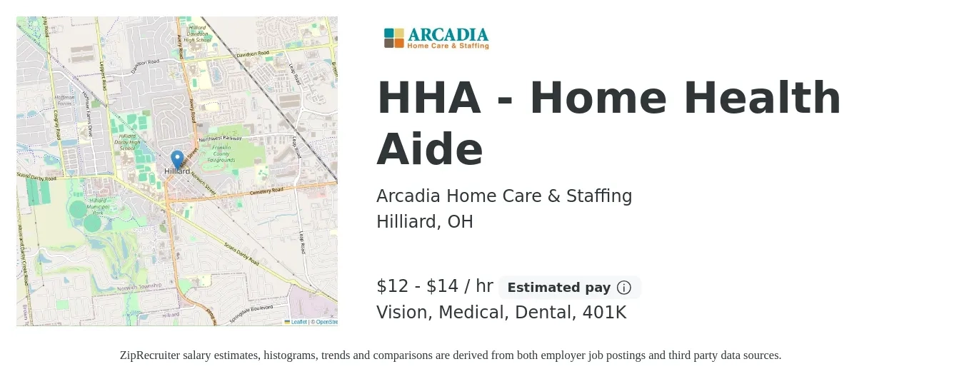 Arcadia Home Care & Staffing job posting for a HHA - Home Health Aide in Hilliard, OH with a salary of $13 to $15 Hourly and benefits including 401k, dental, life_insurance, medical, and vision with a map of Hilliard location.