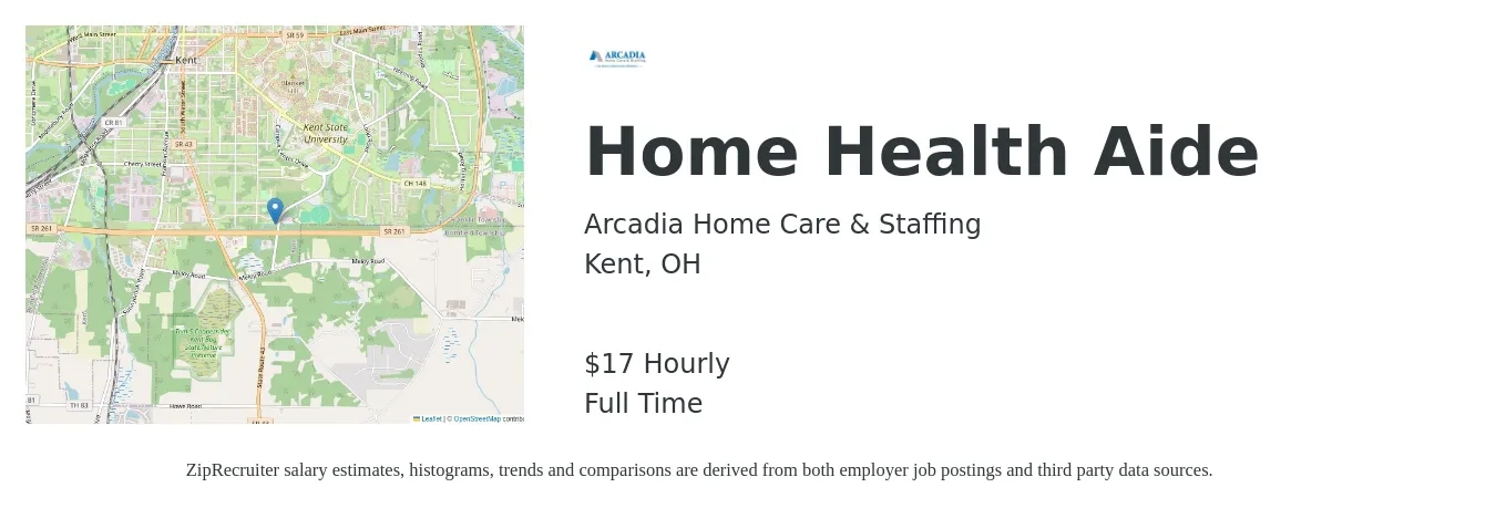 Arcadia Home Care & Staffing job posting for a Home Health Aide in Kent, OH with a salary of $16 Hourly and benefits including medical, vision, 401k, and dental with a map of Kent location.