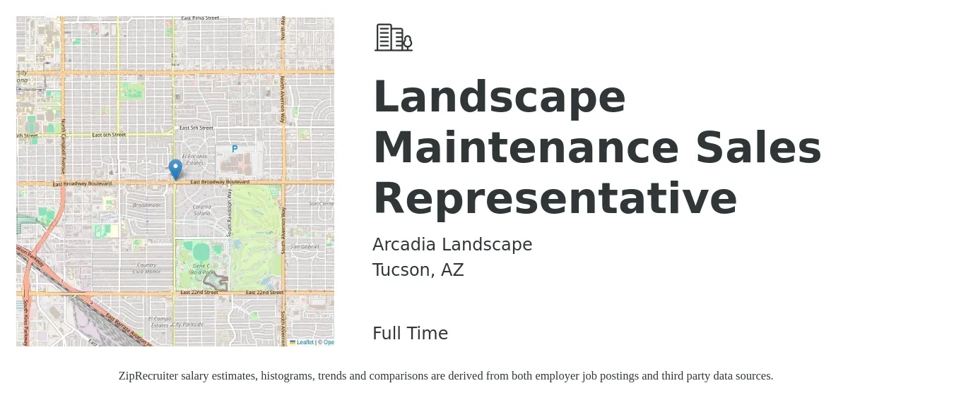 Arcadia Landscape job posting for a Landscape Maintenance Sales Representative in Tucson, AZ with a salary of $14 to $23 Hourly with a map of Tucson location.