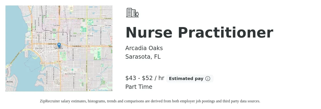 Arcadia Oaks job posting for a Nurse Practitioner in Sarasota, FL with a salary of $45 to $55 Hourly with a map of Sarasota location.