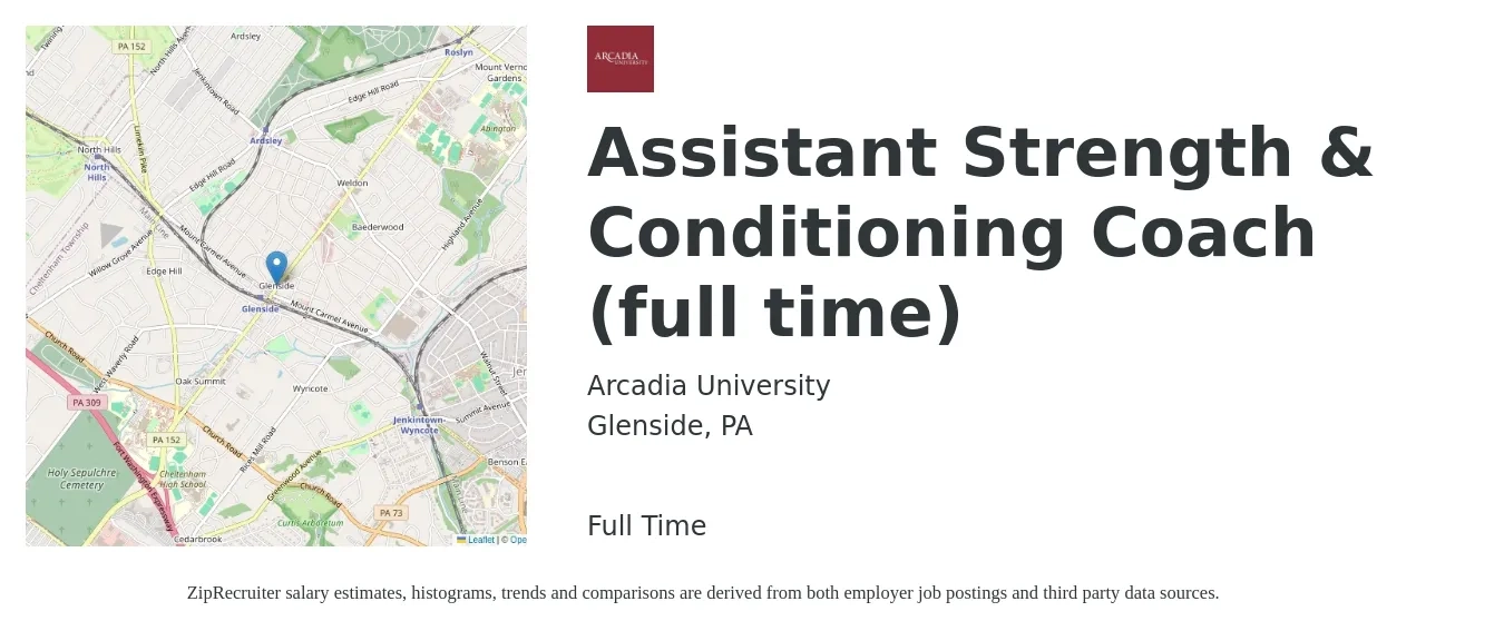 Arcadia University job posting for a Assistant Strength & Conditioning Coach (full time) in Glenside, PA with a salary of $14 to $20 Hourly with a map of Glenside location.