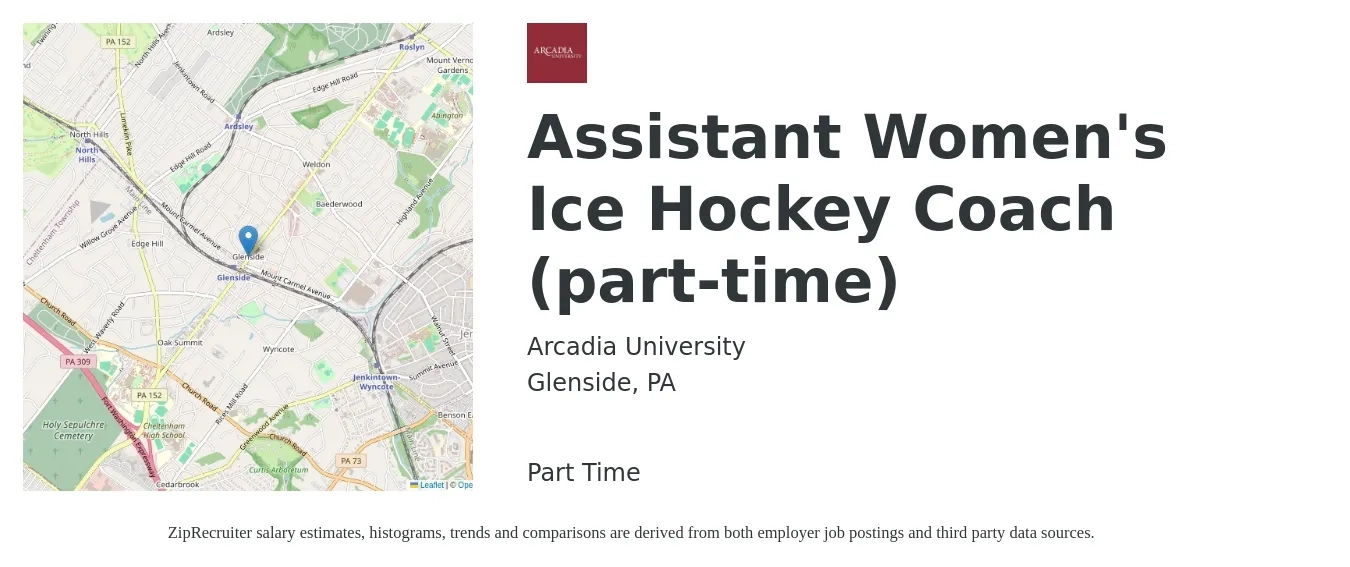 Arcadia University job posting for a Assistant Women's Ice Hockey Coach (part-time) in Glenside, PA with a salary of $27,500 to $51,500 Yearly with a map of Glenside location.