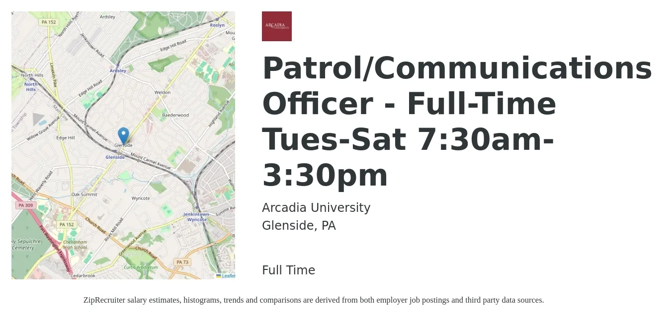 Arcadia University job posting for a Patrol/Communications Officer - Full-Time Tues-Sat 7:30am-3:30pm in Glenside, PA with a salary of $17 to $22 Hourly with a map of Glenside location.