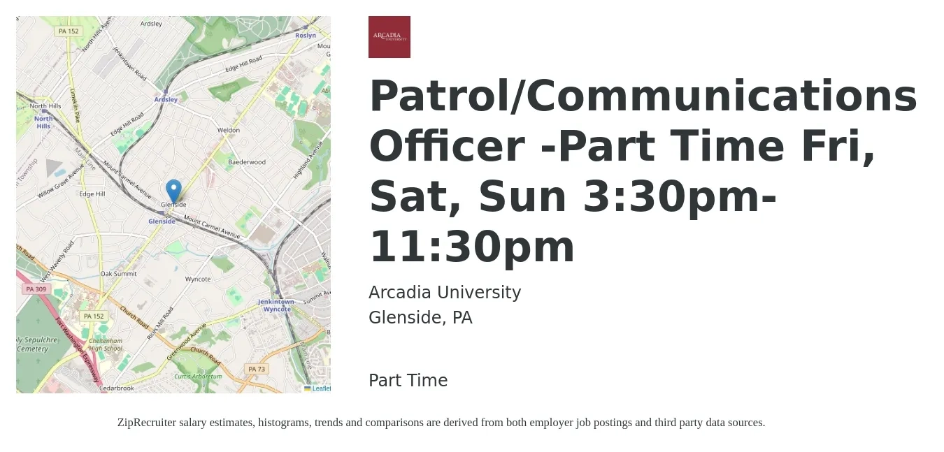 Arcadia University job posting for a Patrol/Communications Officer -Part Time Fri, Sat, Sun 3:30pm-11:30pm in Glenside, PA with a salary of $16 to $20 Hourly with a map of Glenside location.