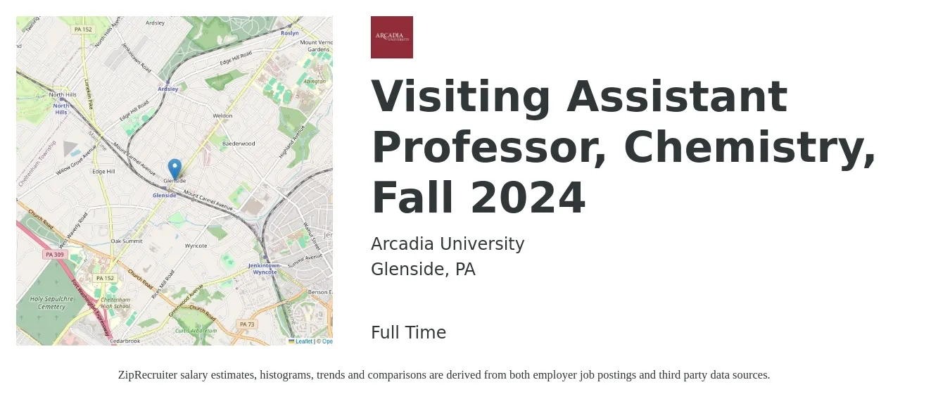 Arcadia University job posting for a Visiting Assistant Professor, Chemistry, Fall 2024 in Glenside, PA with a salary of $58,900 to $89,800 Yearly with a map of Glenside location.