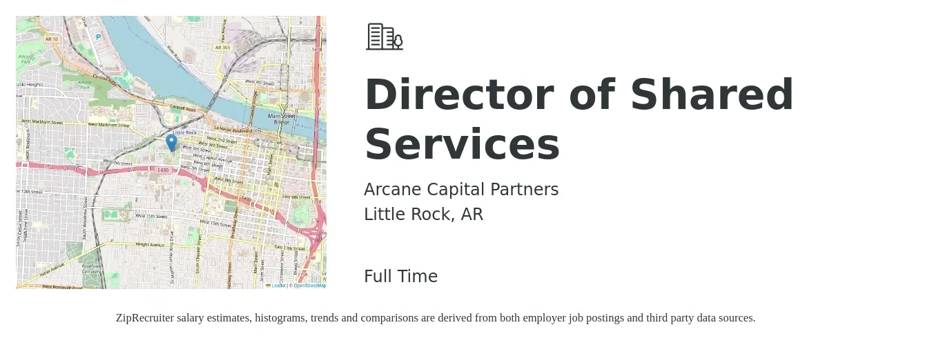 Arcane Capital Partners job posting for a Director of Shared Services in Little Rock, AR with a salary of $52,500 to $96,200 Yearly with a map of Little Rock location.