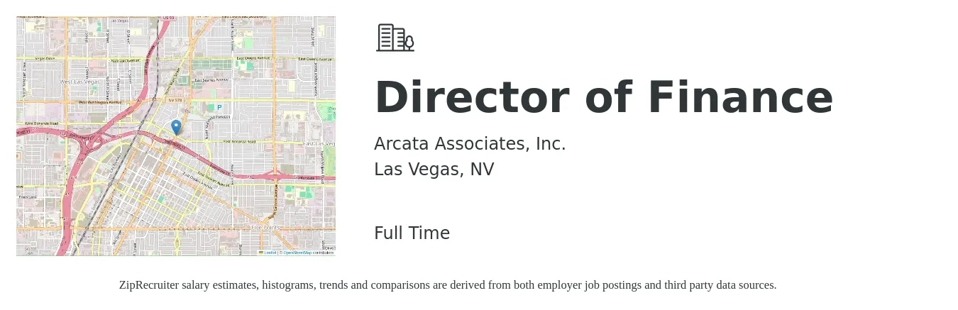 Arcata Associates, Inc. job posting for a Director of Finance in Las Vegas, NV with a salary of $92,500 to $140,800 Yearly with a map of Las Vegas location.