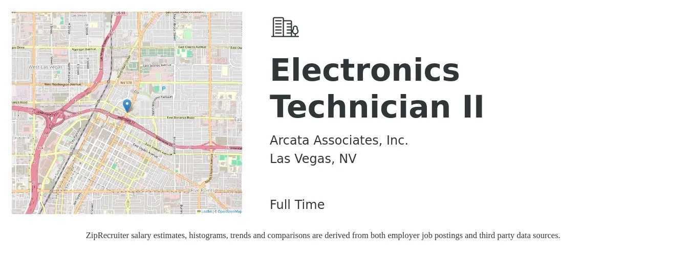 Arcata Associates, Inc. job posting for a Electronics Technician II in Las Vegas, NV with a salary of $43,900 to $66,900 Yearly with a map of Las Vegas location.