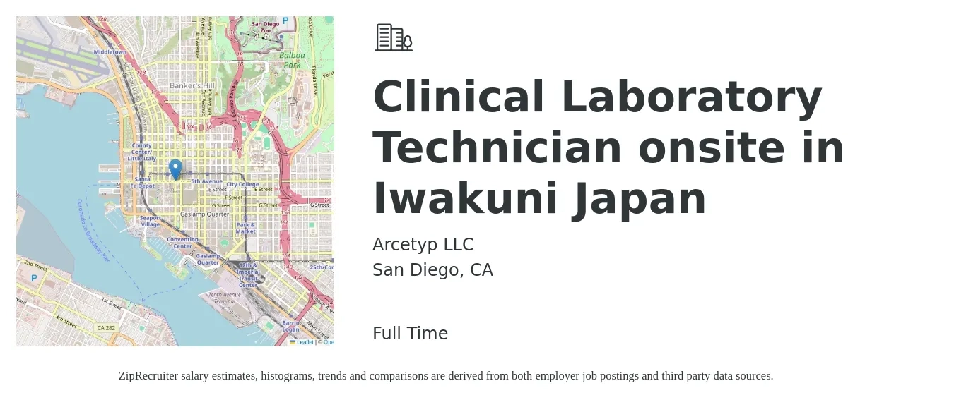 Arcetyp LLC job posting for a Clinical Laboratory Technician onsite in Iwakuni Japan in San Diego, CA with a salary of $28 to $51 Hourly with a map of San Diego location.