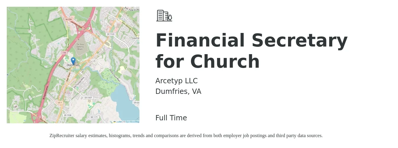 Arcetyp LLC job posting for a Financial Secretary for Church in Dumfries, VA with a salary of $20 to $25 Hourly with a map of Dumfries location.