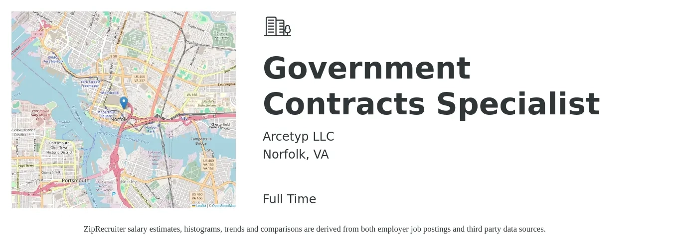 Arcetyp LLC job posting for a Government Contracts Specialist in Norfolk, VA with a salary of $56,900 to $98,300 Yearly with a map of Norfolk location.