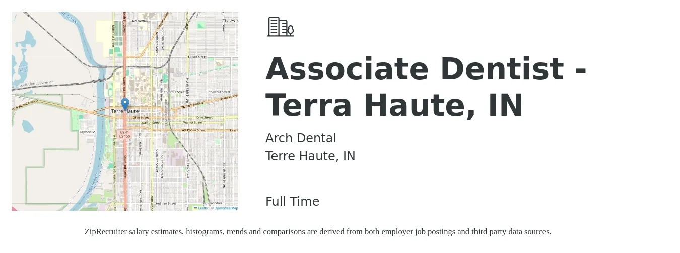 Arch Dental job posting for a Associate Dentist - Terra Haute, IN in Terre Haute, IN with a salary of $39,900 to $202,100 Yearly with a map of Terre Haute location.