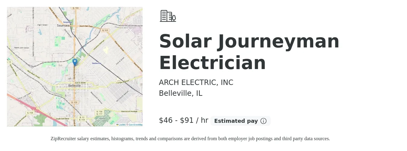 ARCH ELECTRIC, INC job posting for a Solar Journeyman Electrician in Belleville, IL with a salary of $48 to $95 Hourly with a map of Belleville location.