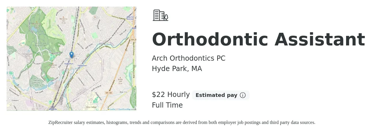 Arch Orthodontics PC job posting for a Orthodontic Assistant in Hyde Park, MA with a salary of $23 Hourly with a map of Hyde Park location.