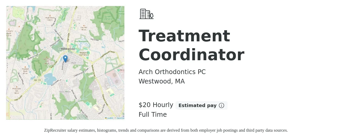 Arch Orthodontics PC job posting for a Treatment Coordinator in Westwood, MA with a salary of $21 Hourly with a map of Westwood location.