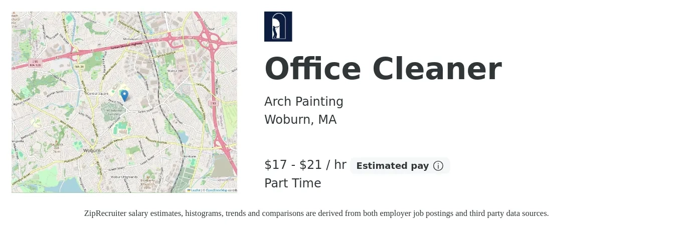 Arch Painting job posting for a Office Cleaner in Woburn, MA with a salary of $18 to $22 Hourly with a map of Woburn location.