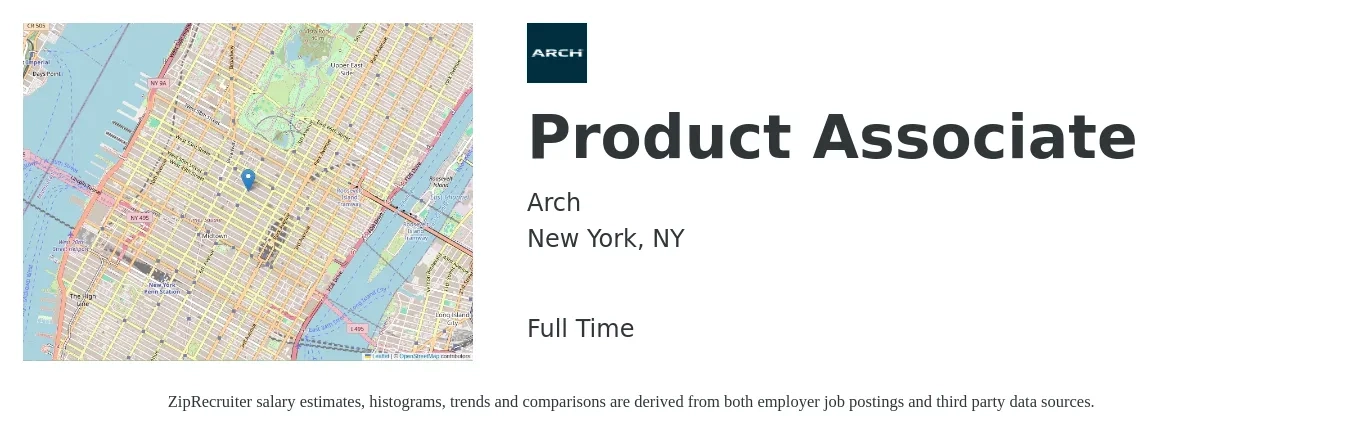 Arch job posting for a Product Associate in New York, NY with a salary of $27 to $43 Hourly with a map of New York location.