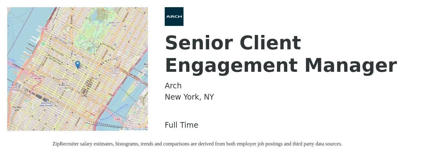 Arch job posting for a Senior Client Engagement Manager in New York, NY with a salary of $90,800 to $127,500 Yearly with a map of New York location.
