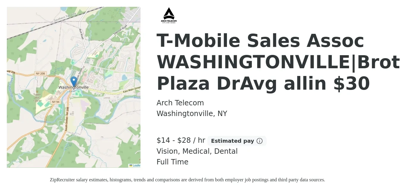Arch Telecom job posting for a T-Mobile Sales Assoc WASHINGTONVILLE|Brotherhood Plaza DrAvg allin $30 in Washingtonville, NY with a salary of $15 to $30 Hourly (plus commission) and benefits including medical, vision, and dental with a map of Washingtonville location.