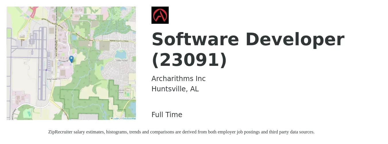 Archarithms Inc job posting for a Software Developer (23091) in Huntsville, AL with a salary of $89,200 to $128,900 Yearly with a map of Huntsville location.