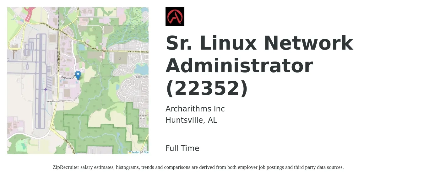 Archarithms Inc job posting for a Sr. Linux Network Administrator (22352) in Huntsville, AL with a map of Huntsville location.