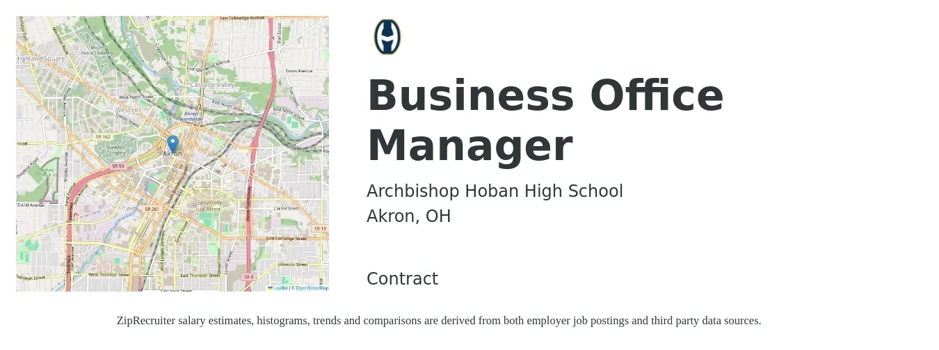 Archbishop Hoban High School job posting for a Business Office Manager in Akron, OH with a salary of $23 to $32 Hourly with a map of Akron location.