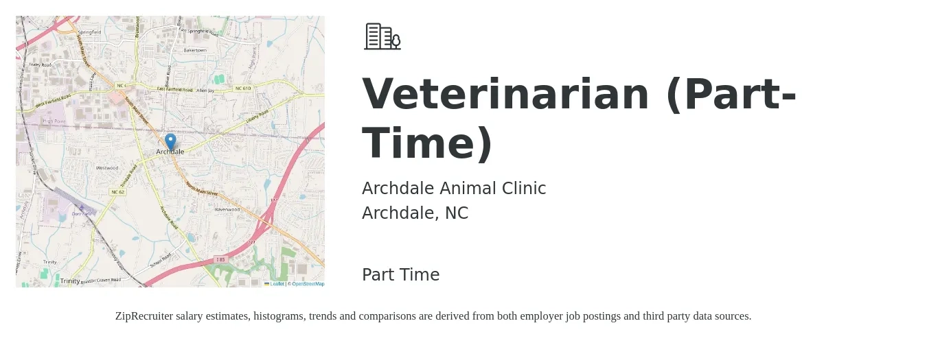 Archdale Animal Clinic job posting for a Veterinarian (Part-Time) in Archdale, NC with a salary of $98,200 to $191,200 Yearly with a map of Archdale location.