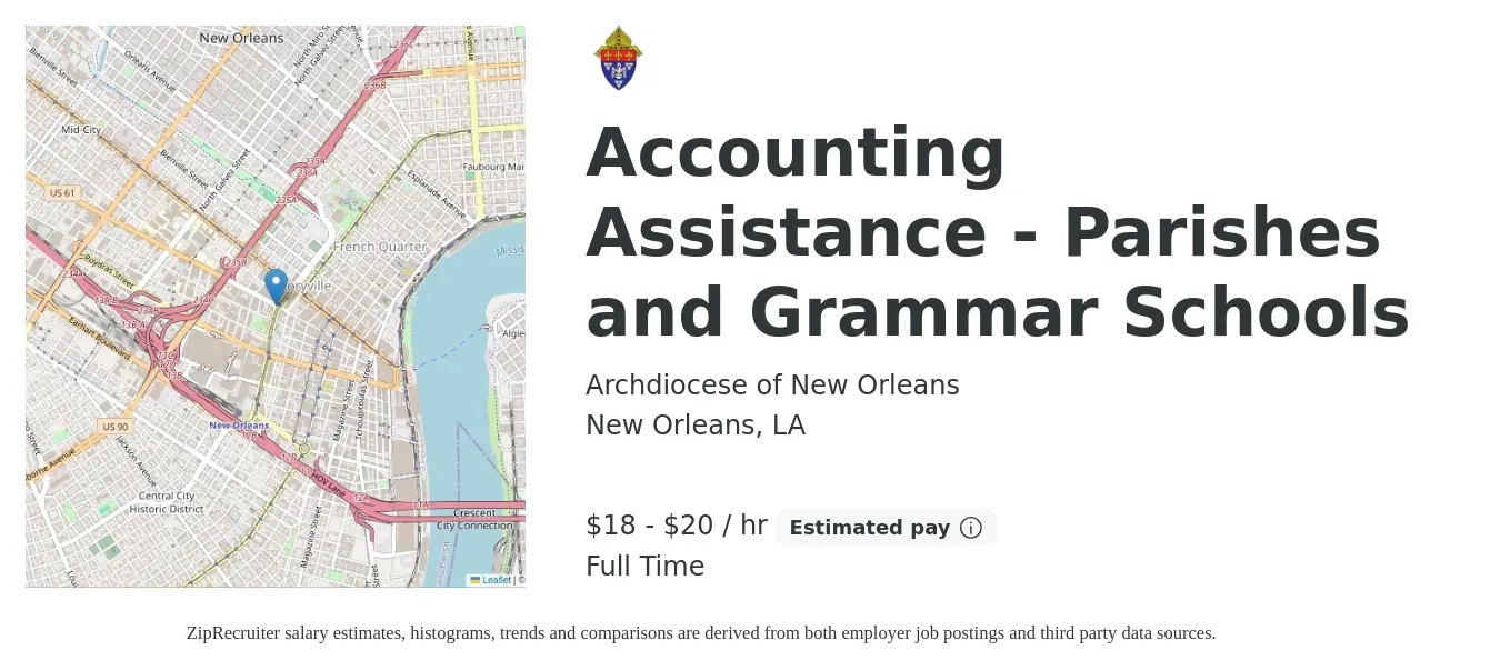 Archdiocese of New Orleans job posting for a Accounting Assistance - Parishes and Grammar Schools in New Orleans, LA with a salary of $40,000 to $45,000 Yearly with a map of New Orleans location.