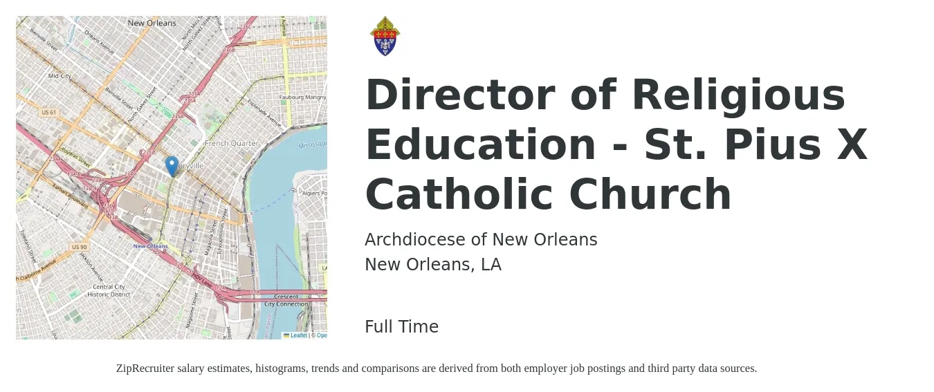 Archdiocese of New Orleans job posting for a Director of Religious Education - St. Pius X Catholic Church in New Orleans, LA with a map of New Orleans location.