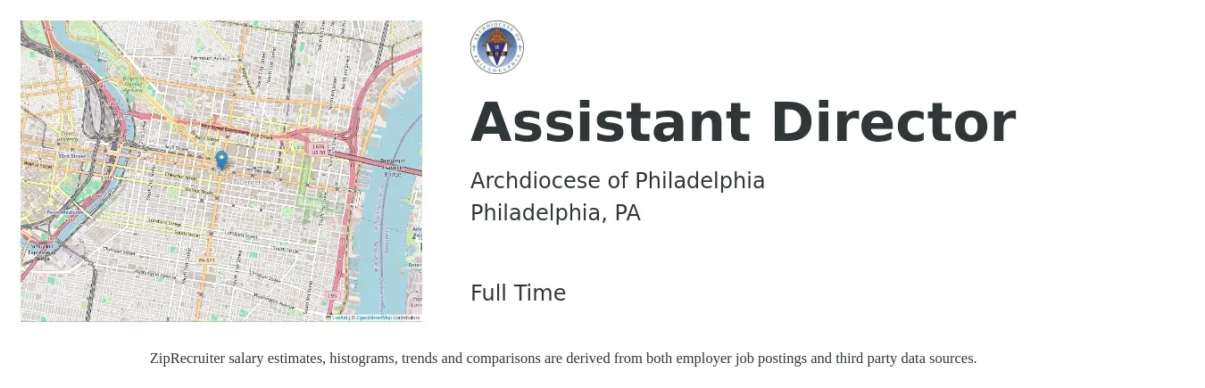 Archdiocese of Philadelphia job posting for a Assistant Director in Philadelphia, PA with a salary of $42,500 to $85,500 Yearly with a map of Philadelphia location.