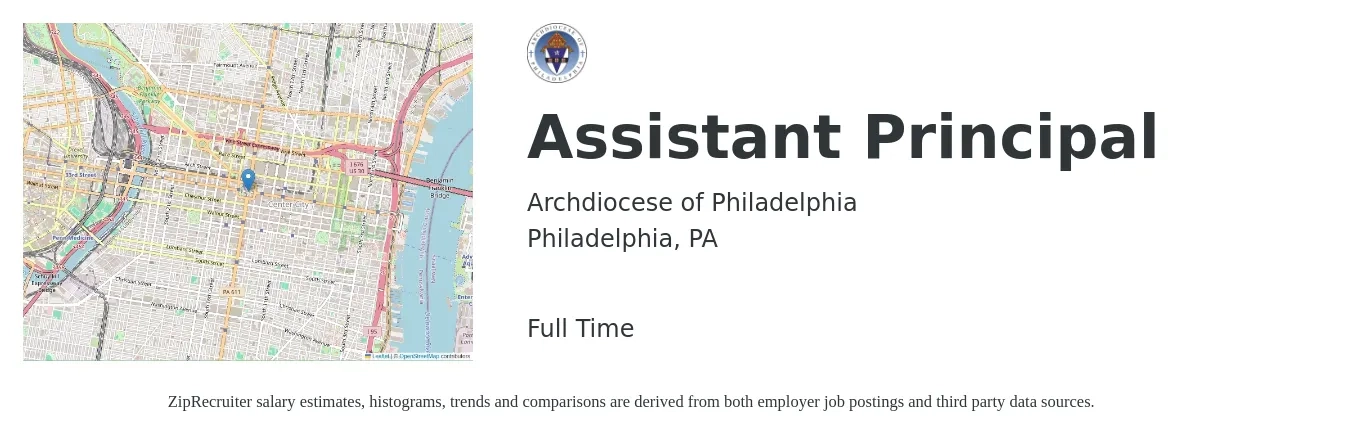 Archdiocese of Philadelphia job posting for a Assistant Principal in Philadelphia, PA with a salary of $65,400 to $93,400 Yearly with a map of Philadelphia location.